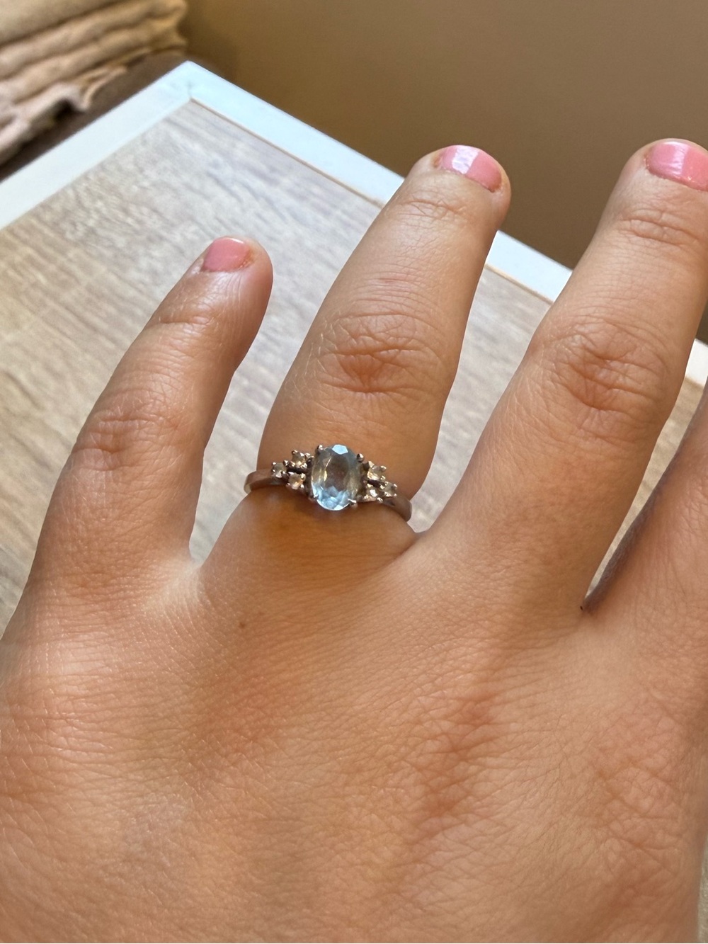14K White Gold Blue Topaz Oval Ring with Diamonds